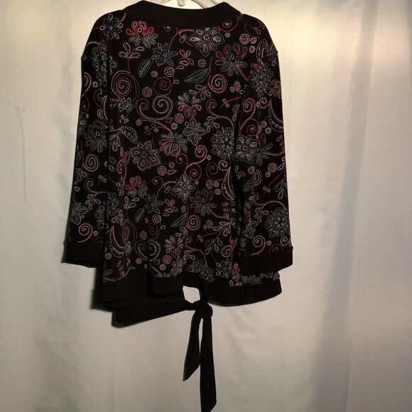 Boho Style Women's Embroidered Cardigan with Tie Front – Black Floral Knit Sweat - Picture 4 of 4